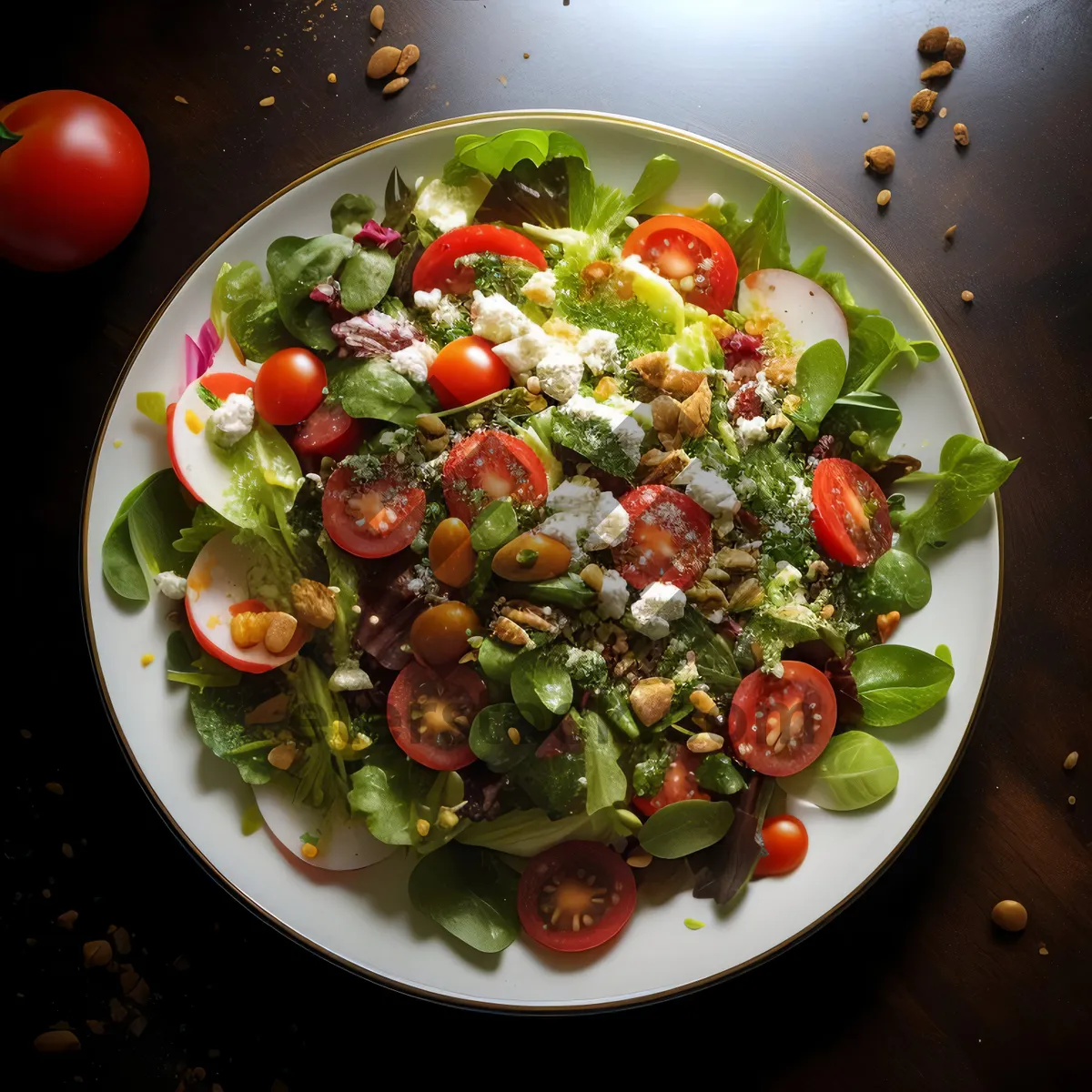 Picture of Fresh vegetable salad with gourmet sauce and nutritious legumes.