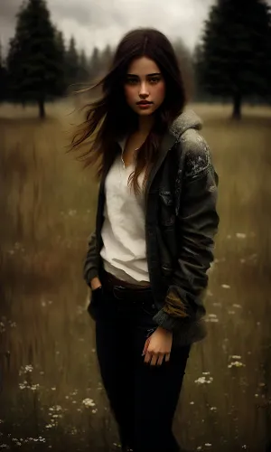 Attractive brunette model posing in leather jacket.