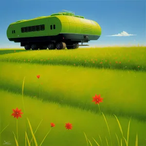 Idyllic Rural Landscape with Airship Soaring Above