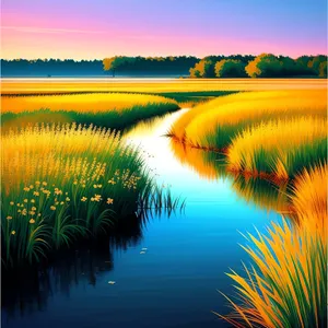 Serene Sunset over Reflection Lake, Picturesque Landscape