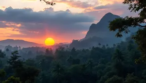 Celestial sunset over mountain forest and volcanic sky