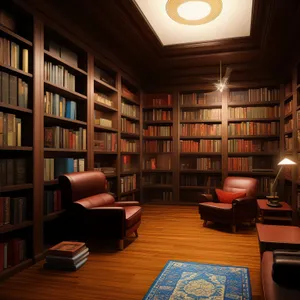 Modern interior furniture in a cozy library setting.