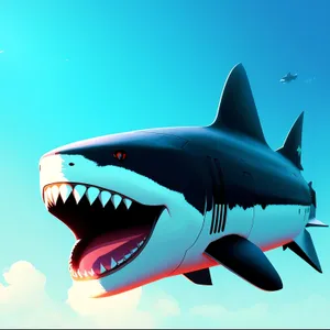 Airborne Marine Adventure: Majestic Shark Soaring Through Skies