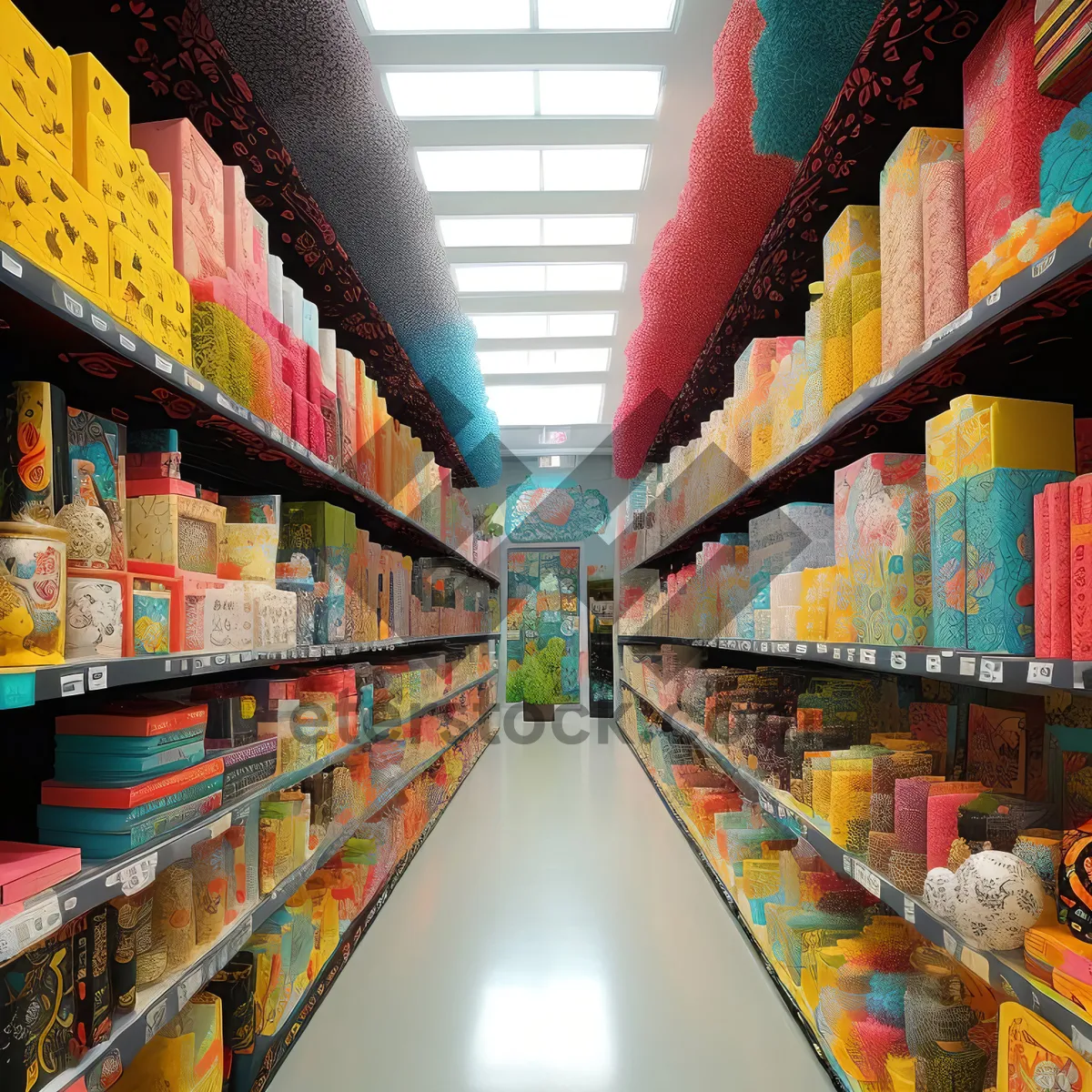 Picture of Vibrant Supermarket Interior with Happy Customers