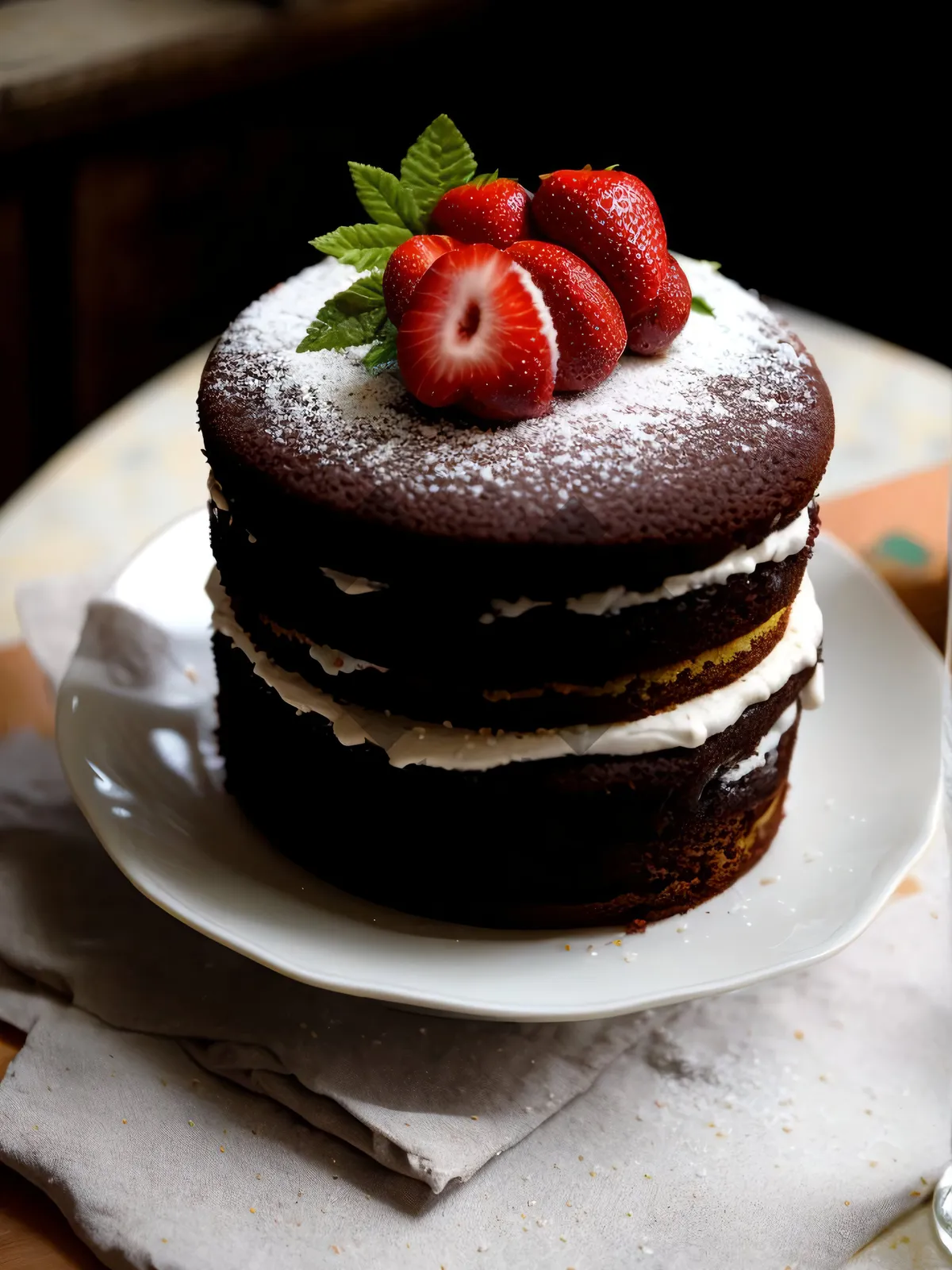 Picture of Delicious Berry Cake with Chocolate Sauce and Mint