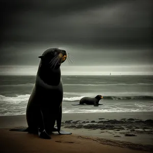 King Penguin basking on sandy beach at sunset