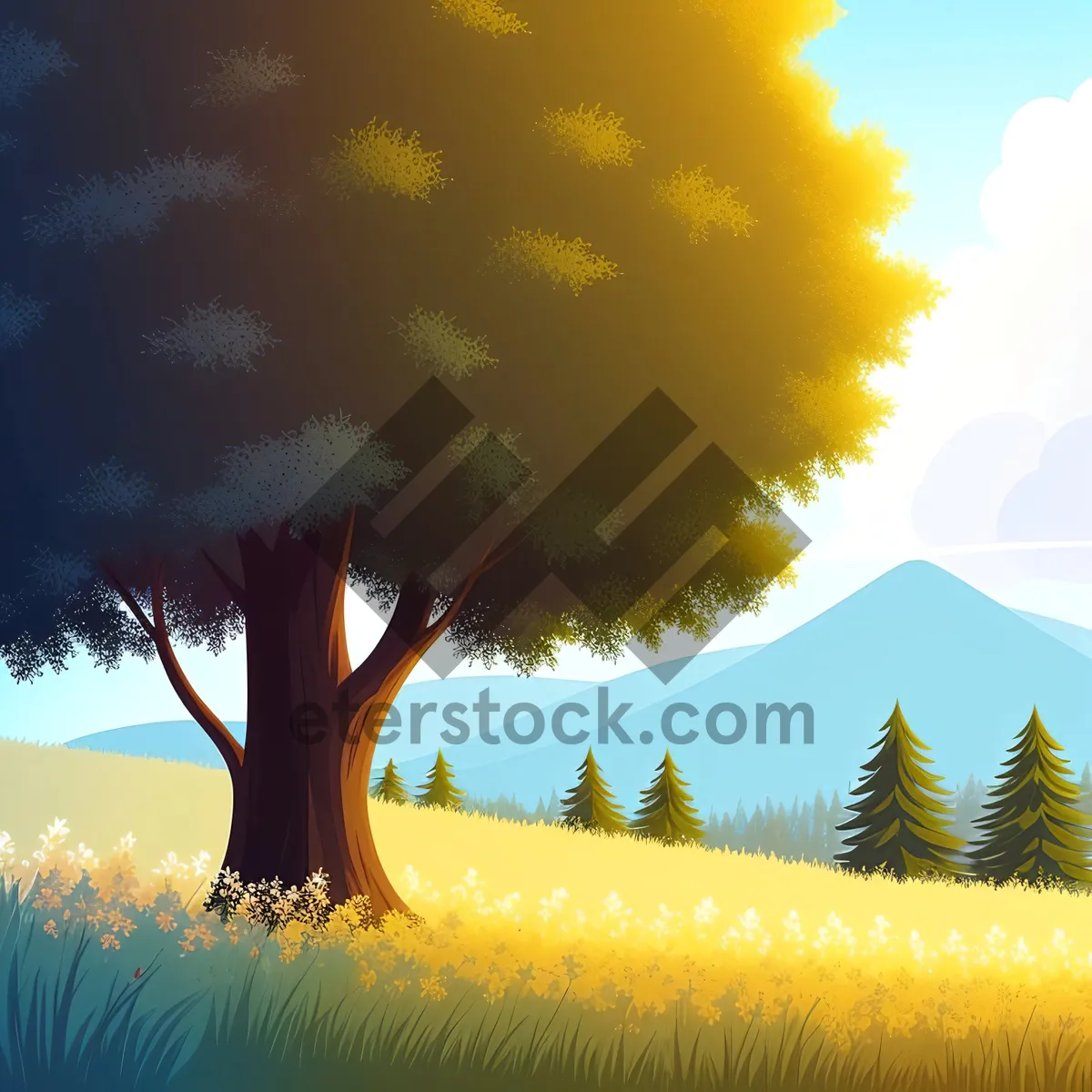 Picture of Golden Skyline Over Meadow with Silhouetted Oak