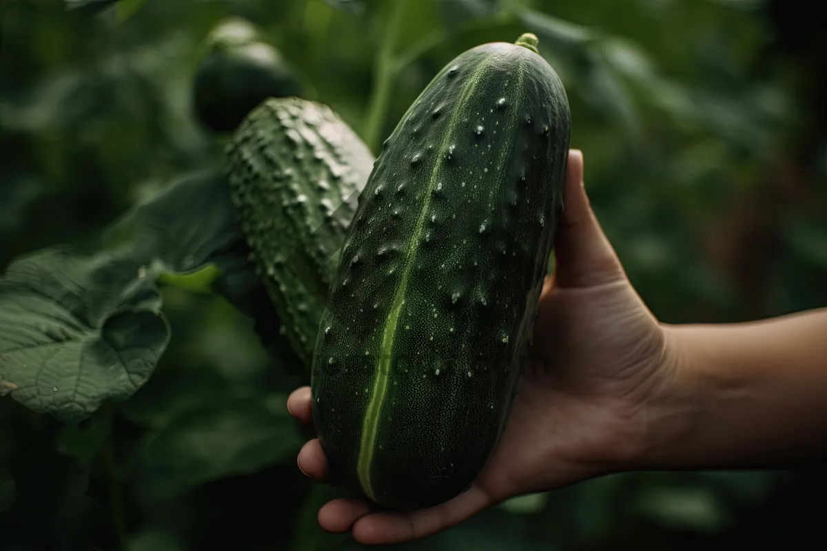 Picture of Fresh organic cucumber on the vine in garden