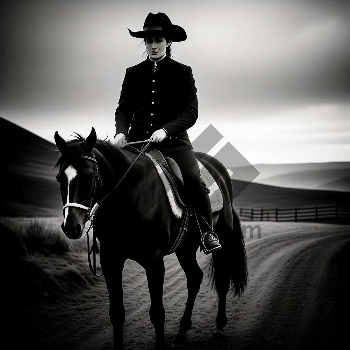 Picture of Riding cowboy on horseback with saddle