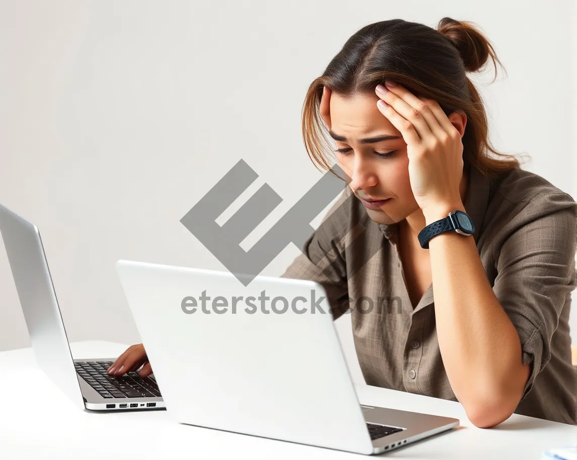 Picture of happy businesswoman working on laptop in office