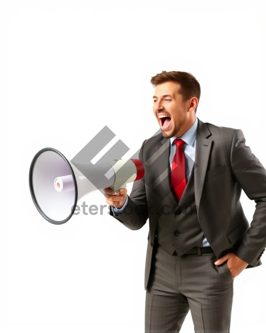 Picture of Confident businessman with megaphone in corporate setting