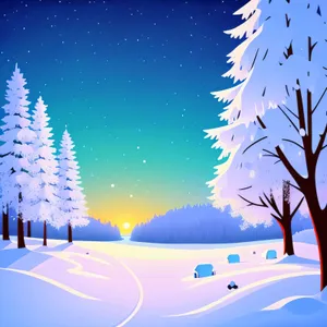 Snowy Winter Wonderland with Evergreen and Twinkling Stars
