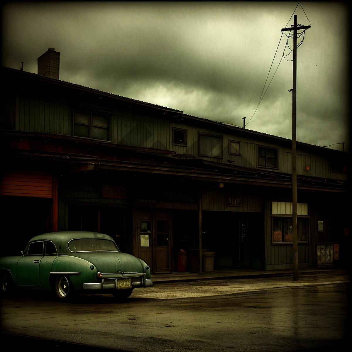 Picture of Urban Warehouse Structure with Old Garage and City Skyline