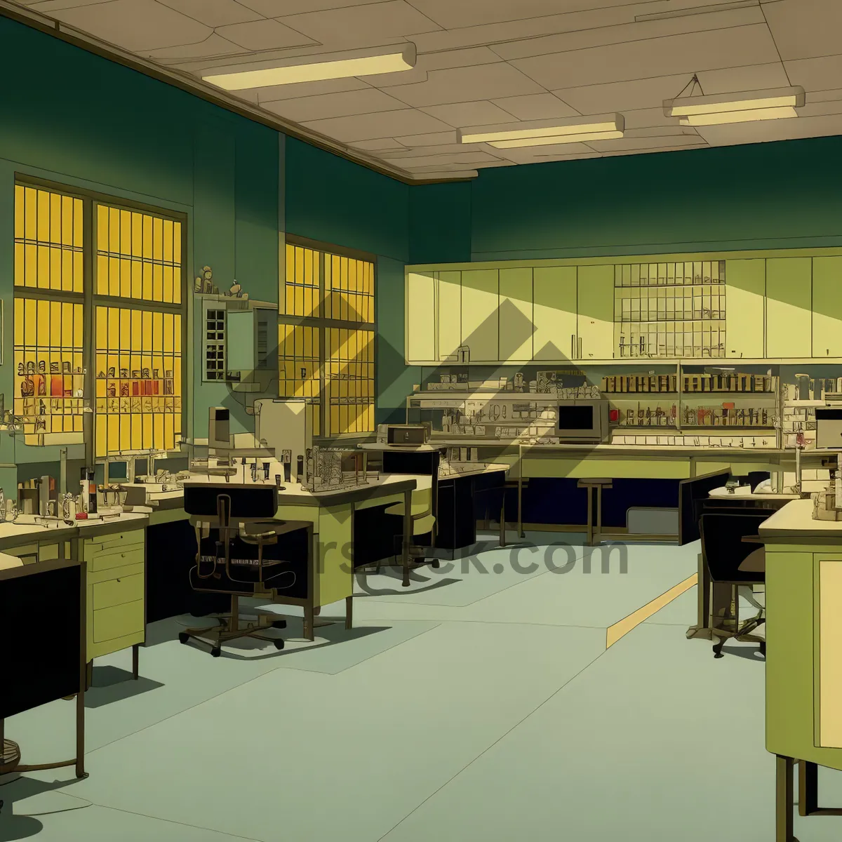 Picture of Modern classroom interior with tables and chairs.