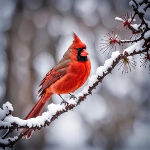 Bird perched on snowy branch in winter garden.