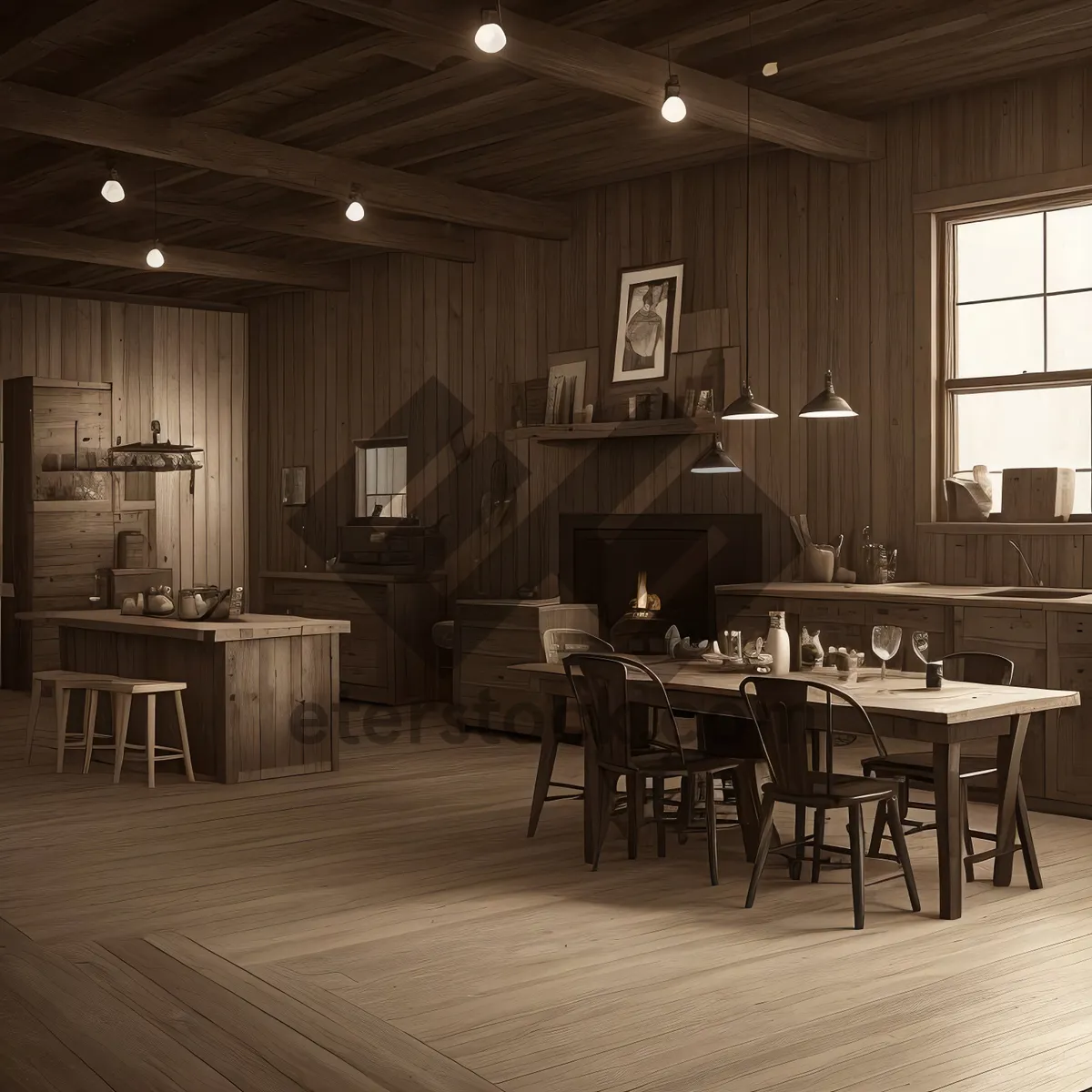 Picture of Modern interior dining room with wooden furniture