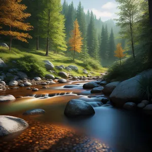 Tranquil Forest River Landscape with Maze-like Trees