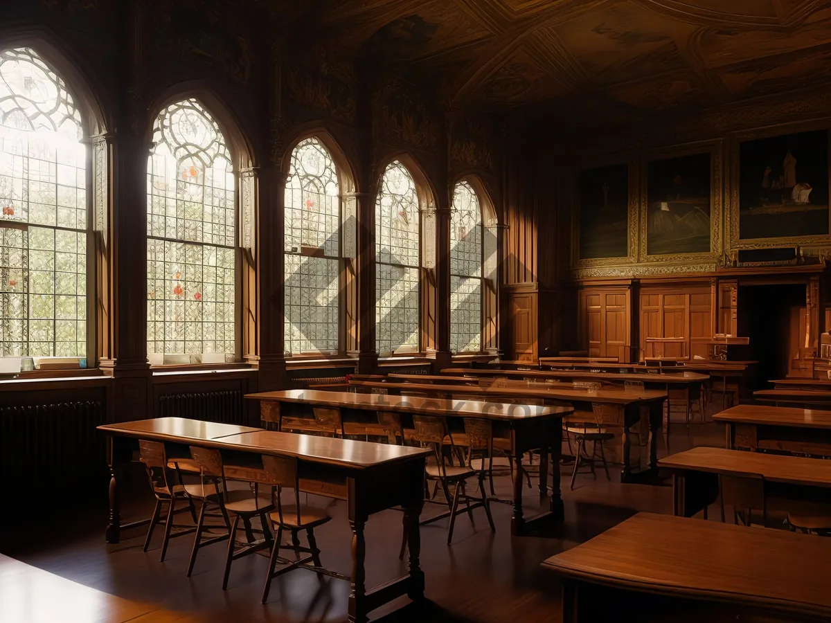 Picture of Antique church interior with wooden chairs and windows.