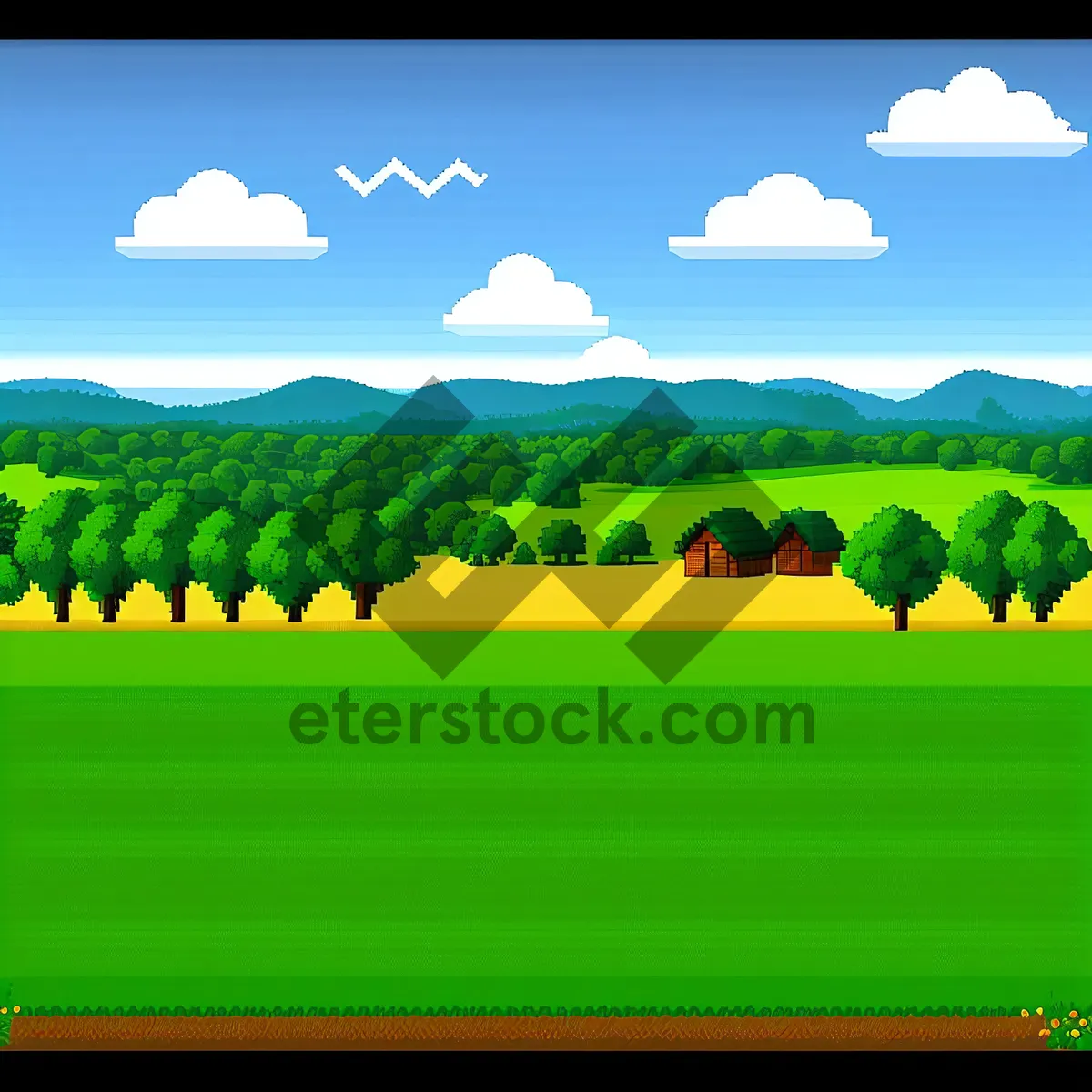 Picture of Serene Countryside Field with Vibrant Foliage and Blue Sky