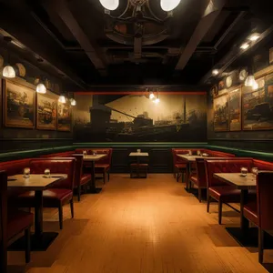 Modern interior design of restaurant with wooden furniture