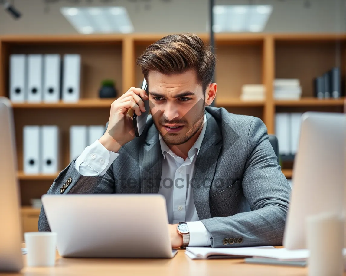 Picture of Smiling businessman working in modern office with laptop