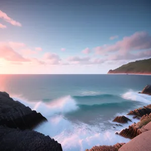 Sunset Seascape: Majestic Horizon Over Coastal Waves