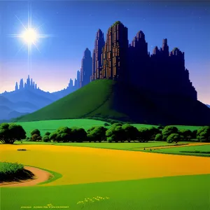 Serene Castle in Rural Landscape under Brilliant Sunset Sky