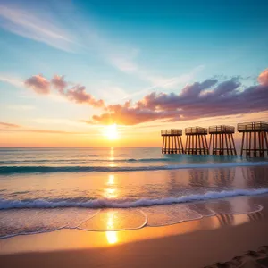 Golden Sunset over Pier at Tropical Beach