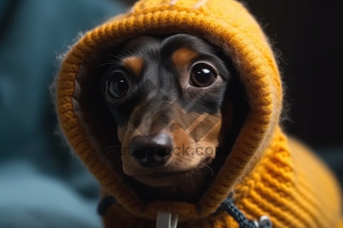 Picture of Cute brown puppy wrapped in bath towel.