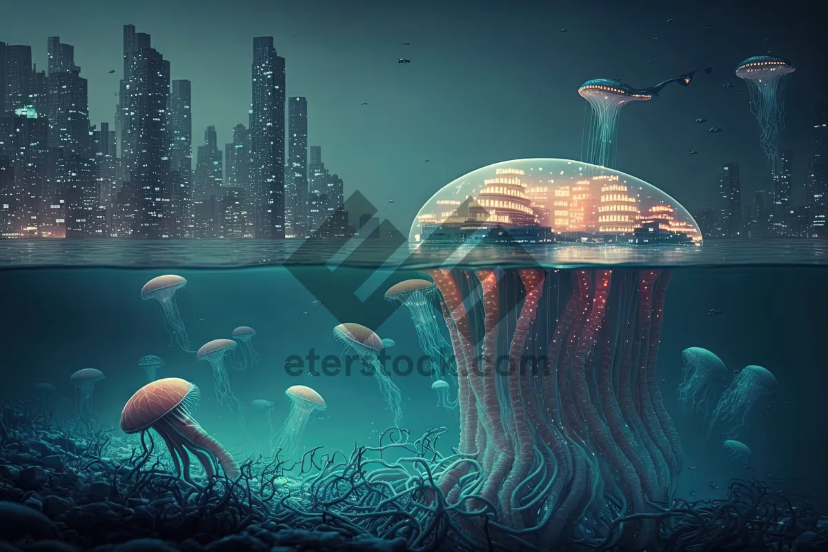 Picture of Nighttime Ocean Landscape with Jellyfish Floating