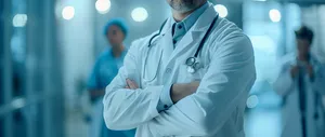 Happy male doctor in a hospital with stethoscope.