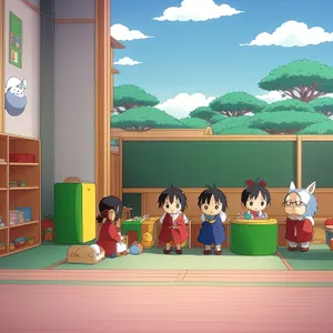 Happy group of students learning in classroom.