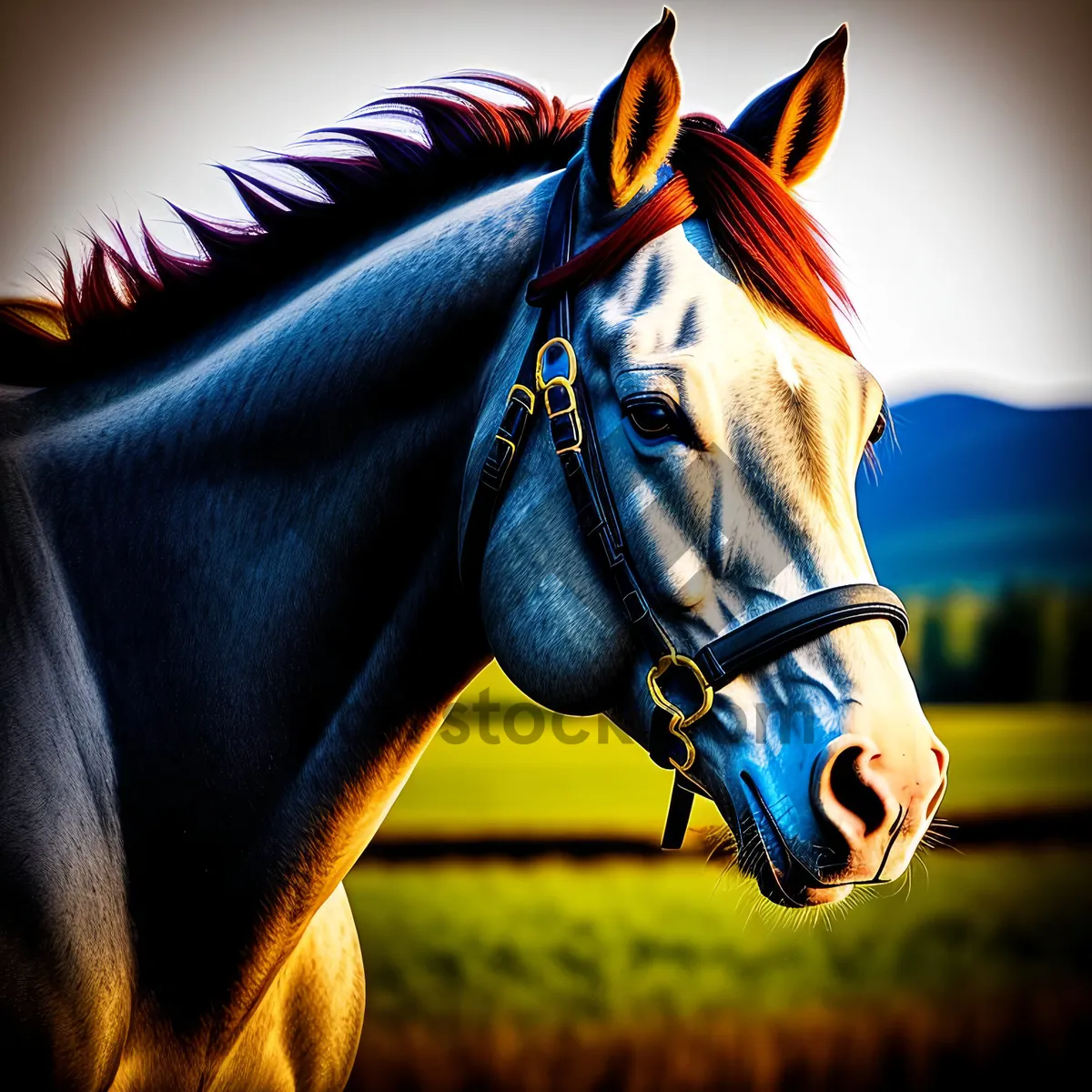 Picture of Brilliant Brown Thoroughbred Horse Grazing in Meadow