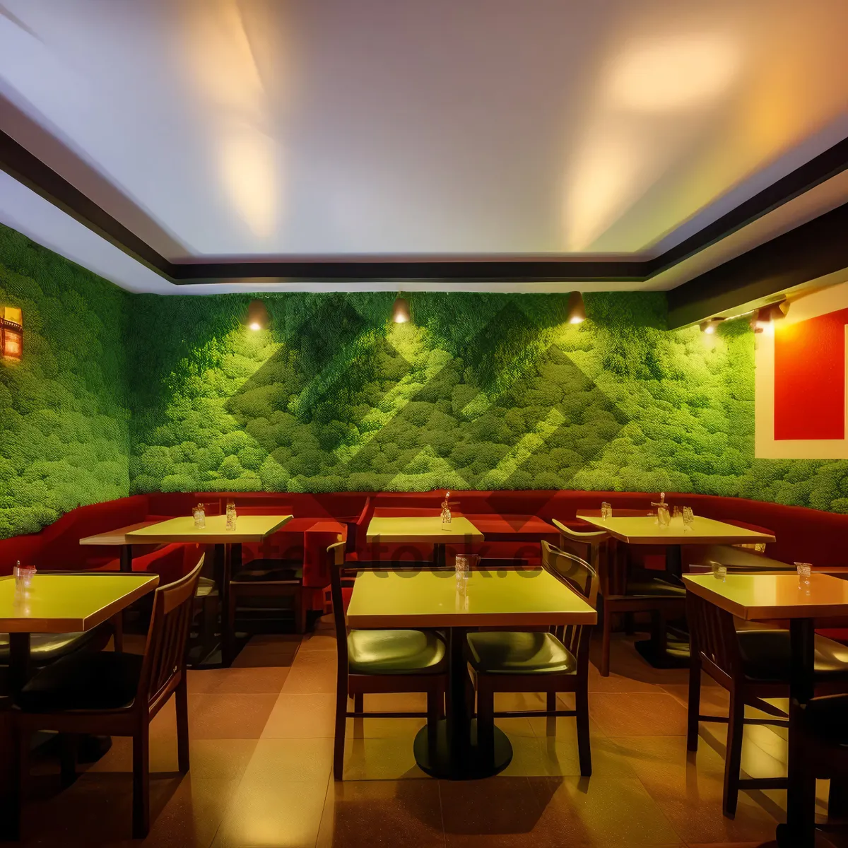 Picture of Modern luxury restaurant interior design with wooden furniture.