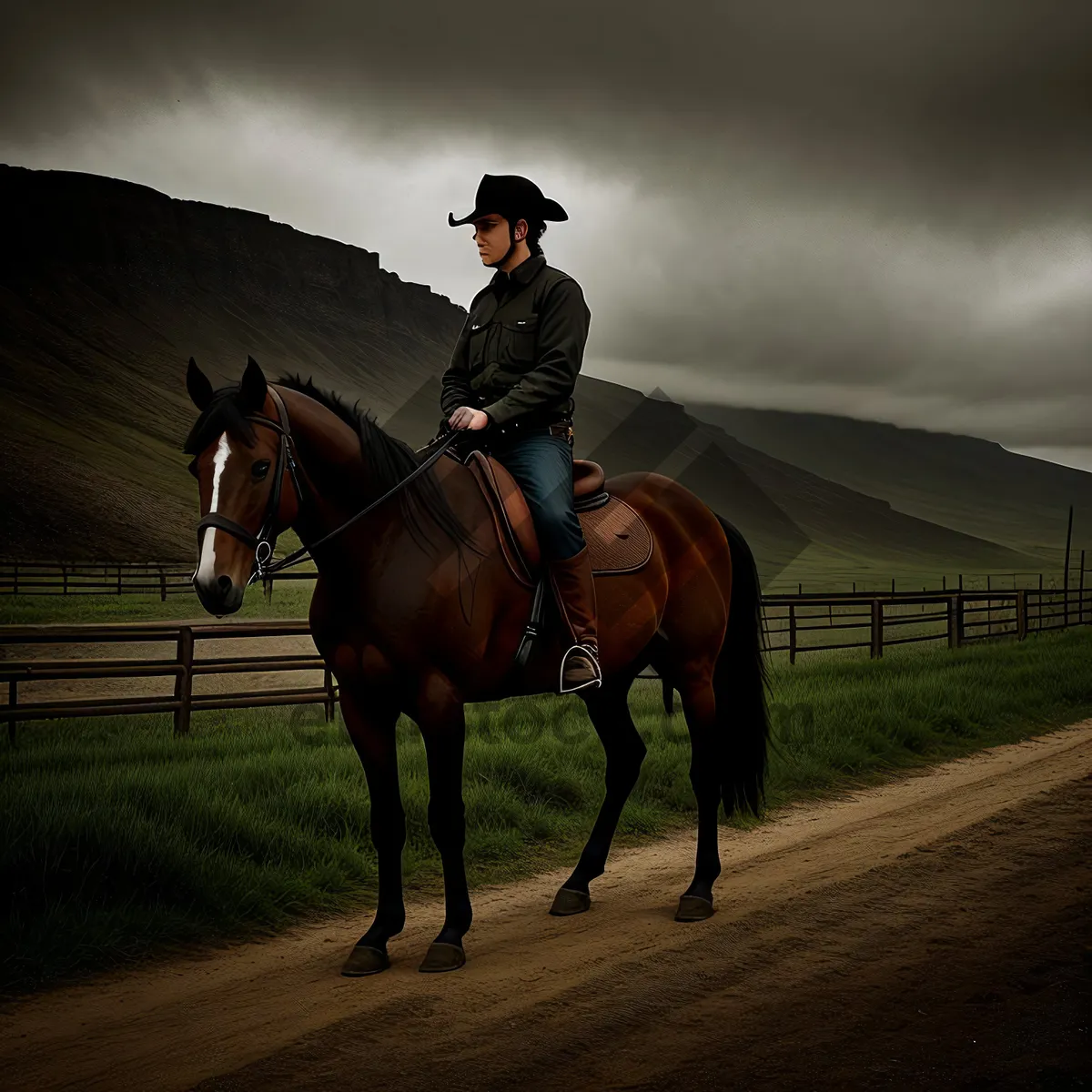 Picture of Brown Stallion Riding Through Grass on Ranch