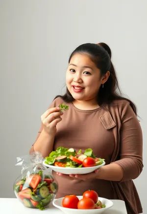 Smiling woman cooking healthy vegetable salad at home