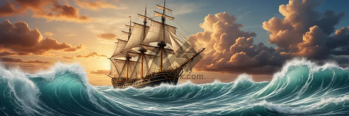 Picture of Pirate ship set sail on open ocean waters.