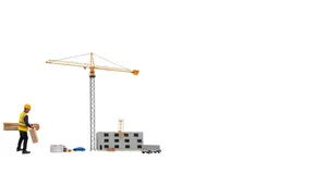 High-rise construction crane in urban city skyline.