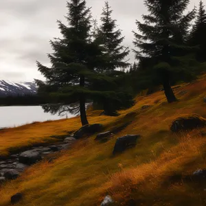 Golden sunset over tranquil lake surrounded by lush forest
