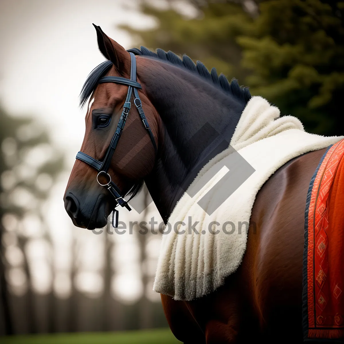 Picture of Brown Thoroughbred Horse with Bridle and Saddle Blanket