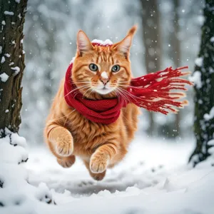 White fluffy cat in winter snow.