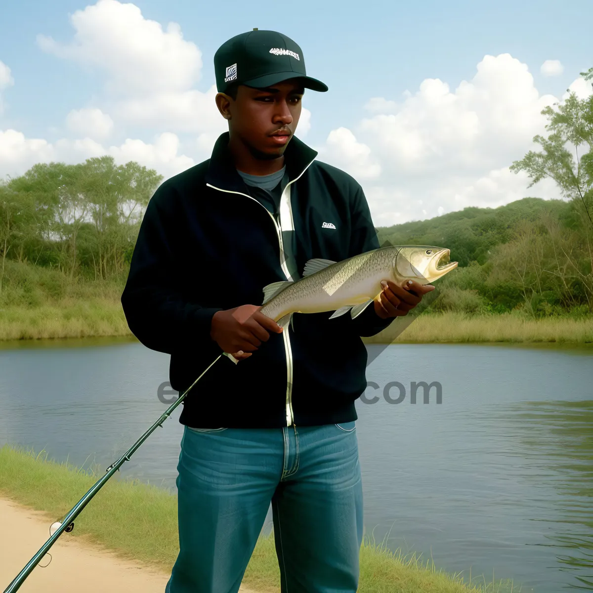 Picture of Man Fishing in Summer Lake