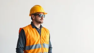 Professional construction worker wearing hardhat smiling at job site.