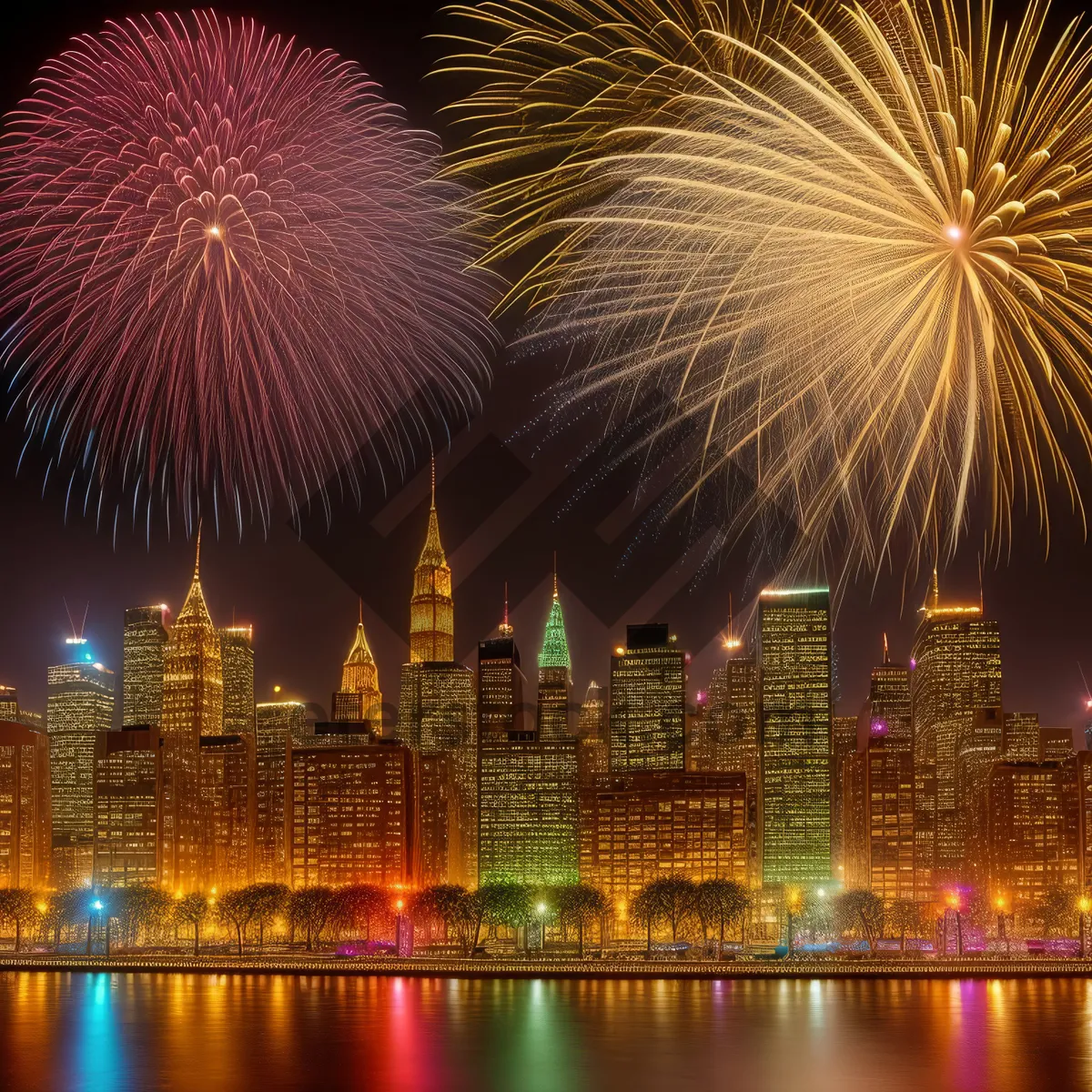 Picture of Sparkling Night Downtown Cityscape with Spectacular Fireworks