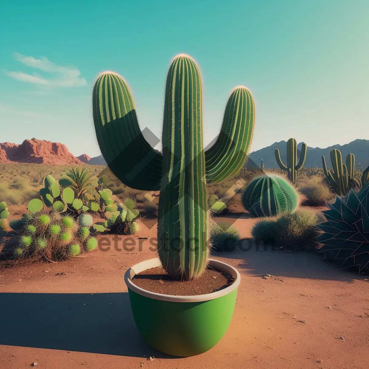 Picture of Saguaro cactus in desert landscape with vibrant flowers