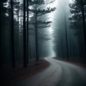 Misty Forest Path through Sunlit Trees