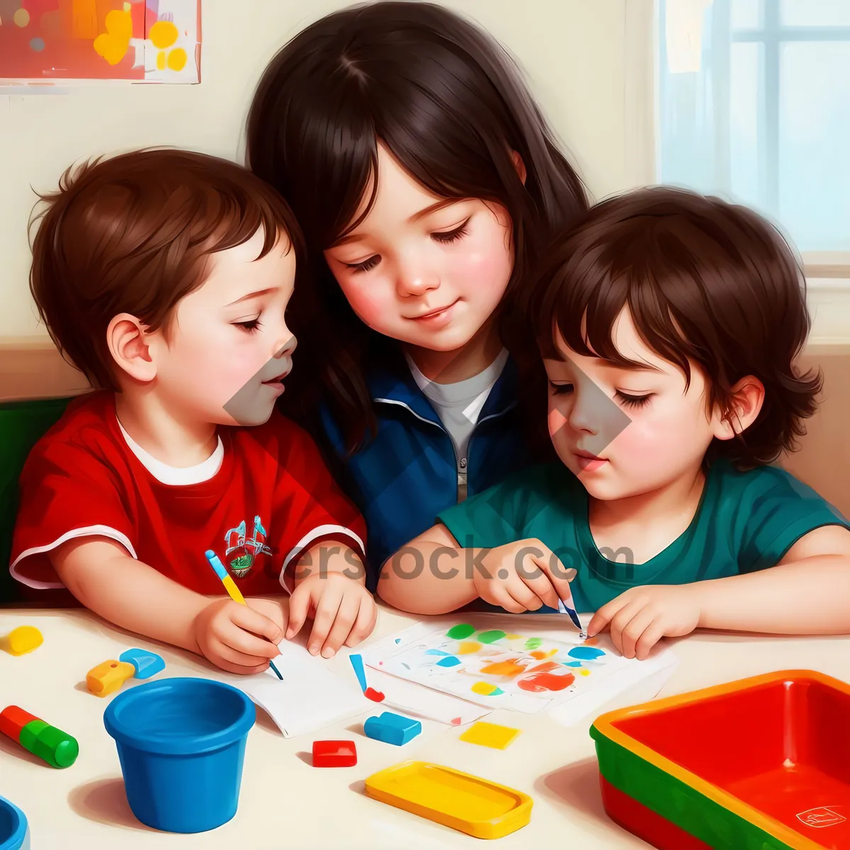 Picture of Cheerful siblings learning together in preschool classroom