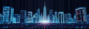 Modern cityscape with office towers in the evening.