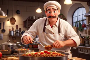 Happy man holding meal in restaurant kitchen