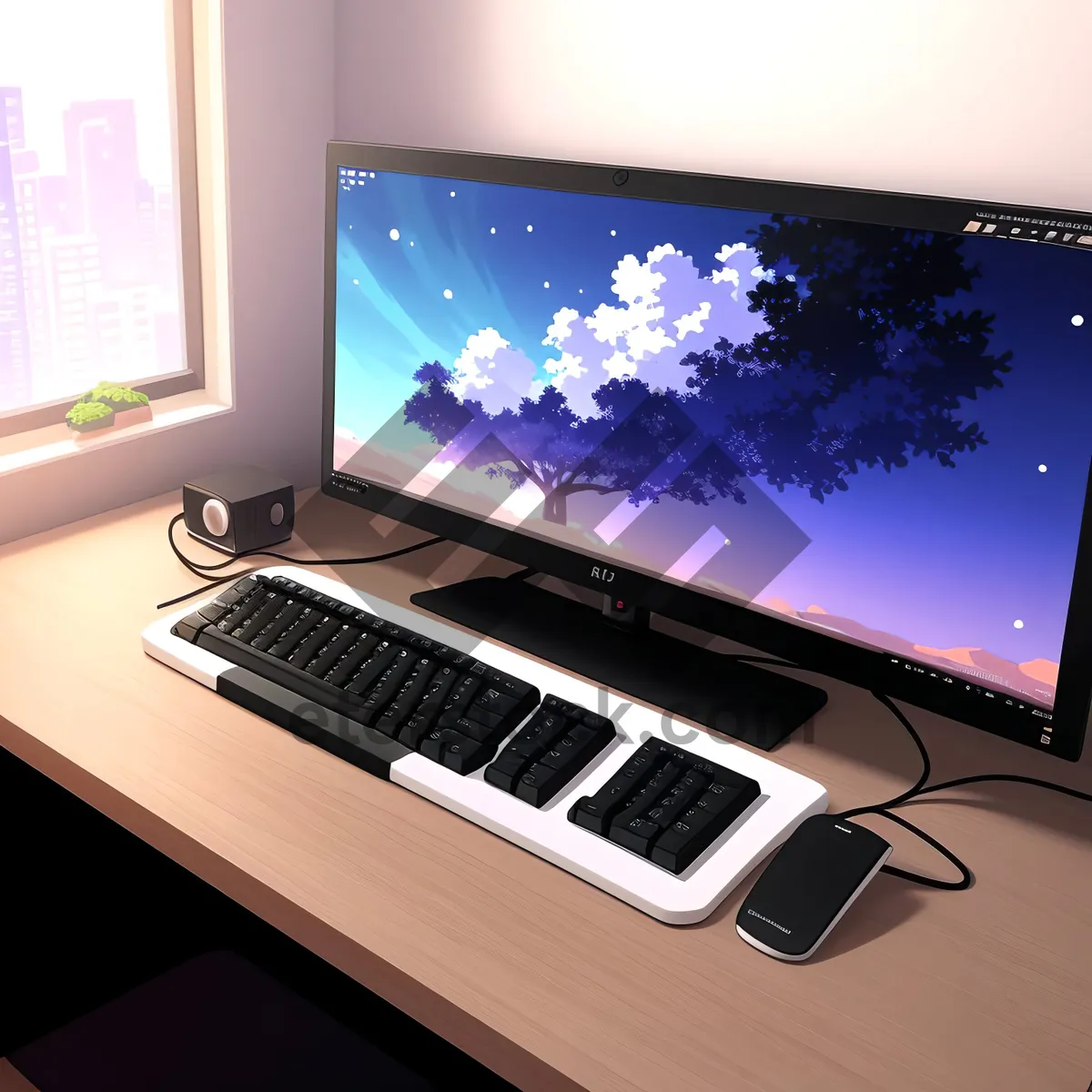 Picture of Modern Desktop Computer with Keyboard and Mouse